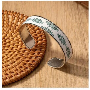 White & Turquoise Coloured Silver Plated Bangle style Bracelet - OS